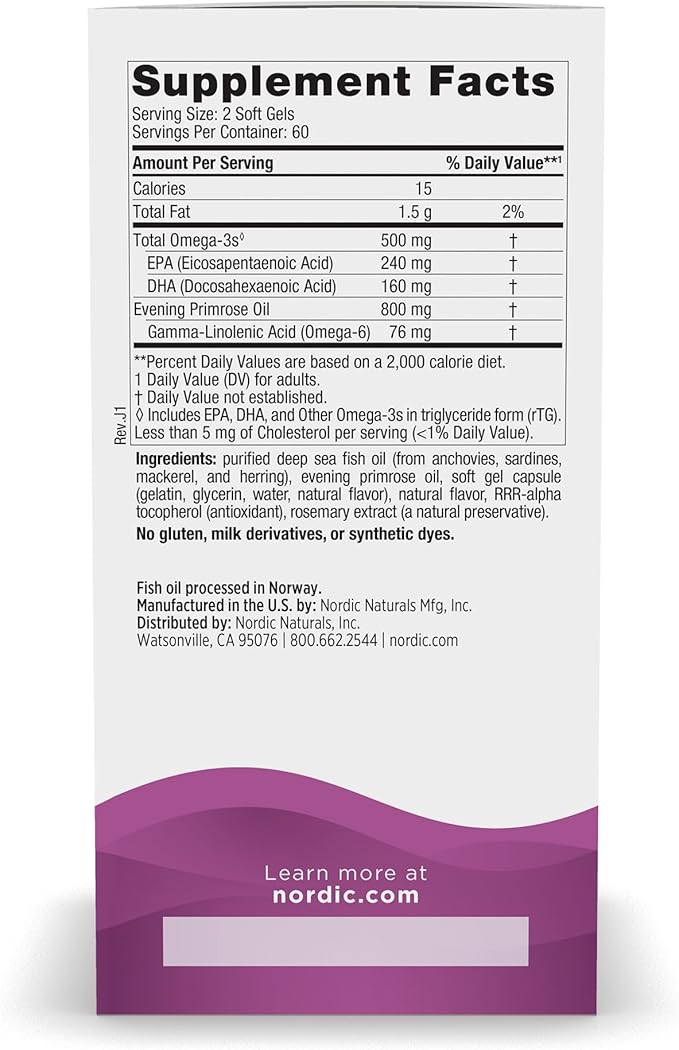 Nordic Naturals Omega Woman Lemon - 120 Soft Gels - 500 mg Omega-3 + 800 mg Evening Primrose Oil - Healthy Skin &amp Optimal Wellness - Non-GMO - 60 Servings