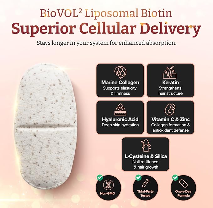 pureclinica 400% Strength Biotin 40000mcg x 180 Caplets (2 Bottles of 90) – BioVOL²® Liposomal Biotin Complex | with Marine Collagen Keratin Vitamin C &amp More | 6 Months Supply