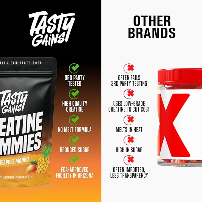 TASTY GAINS Creatine Gummies - 90g of Creatine Monohydrate - Workout Supplements - Build Muscle &amp Boost Strength for Men &amp Women - Made in USA - Non GMO - Vegan Friendly (Large Pineapple Mang