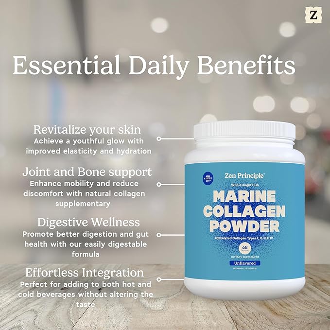 Zen Principle Marine Collagen Peptides Powder 1.5 lb. Wild-Caught Fish Non-GMO. Supports Healthy Skin Hair Joints and Bones.Hydrolyzed Types I II III and IV Protein. Amino Acids. Easy to Mix.