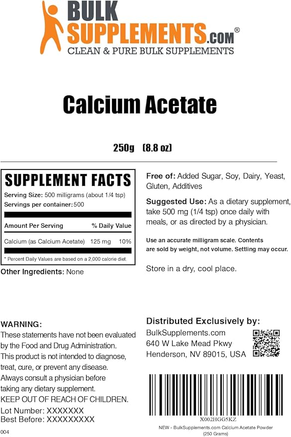 BulkSupplements.com Calcium Acetate Powder - Calcium Supplement Food Grade - Pure &amp Gluten Free 500mg per Serving 250g (8.8 oz) (Pack of 1)