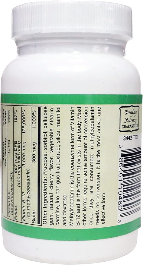 Methyl B-12 3000mcg w/Folic Acid Biotin and B-6 Lozenges (100 Lozenges)