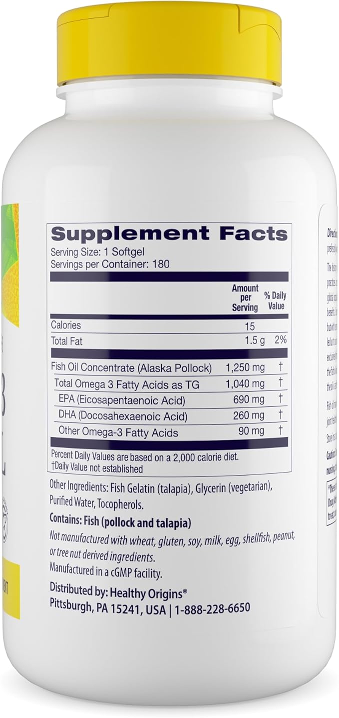Healthy Origins Triple Strength Omega 3 Fish Oil 1250mg from Wild Alaska Pollock with DHA EPA &amp Omega 3s Gluten-Free Non-GMO 180 Softgels