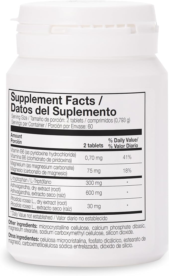 Ana María Lajusticia TRYPTOPHANE Plus ASHWAGANDHA Supplement + RHODIOLA &amp Magnesium 60 TABS Vegan Gluten Free Kosher Halal Lactose Free 600 mg Support Strees Relief Energy and Sleep.