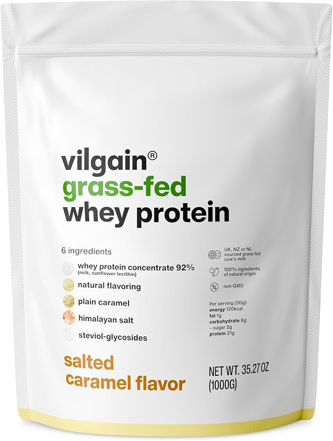 Vilgain® Whey Protein Powder Grass Fed | 100% Pure Whey Protein Powder | Fast Muscle Recovery and Building | Natural Taste | Premium Quality Powder (35.27 oz Salted Caramel)