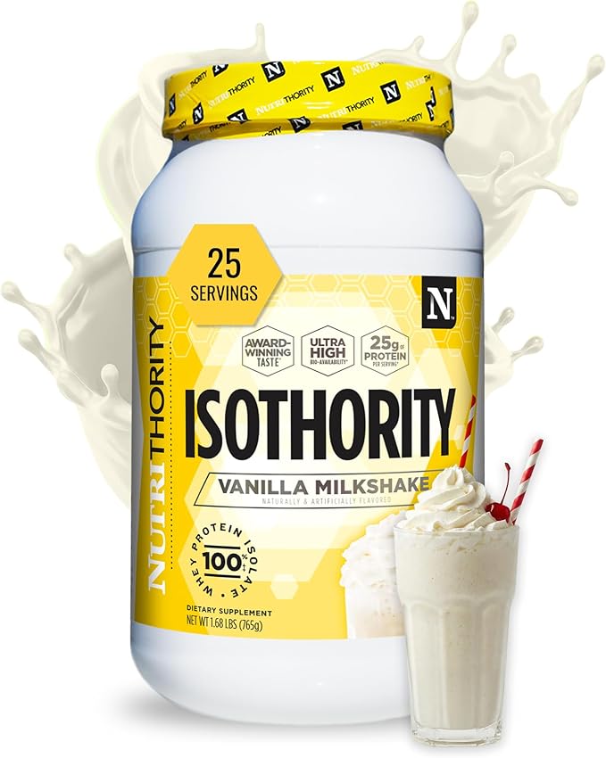 Nutrithority - Isothority Isolated Whey Protein Powder with Ultra-Absorbable Protein and BCAAs to Build Muscle and Accelerate Recovery Keto Friendly Low Carbs Gluten Free (Vanilla Milkshake)