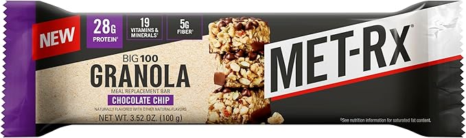 MET-Rx Big 100 Granola Protein Bar Meal Replacement Bar 28 G Protein Chocolate Chip Pack of 9