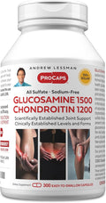 ANDREW LESSMAN Glucosamine 1500 Chondroitin 1200mg - 300 Capsules - 100% Sulfate Form Research Established Ingredients and Levels for Support of Healthy Joint Tissue. Small Easy to Swallow Capsules