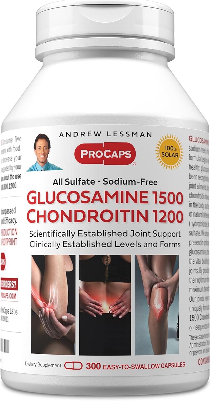 ANDREW LESSMAN Glucosamine 1500 Chondroitin 1200mg - 300 Capsules - 100% Sulfate Form Research Established Ingredients and Levels for Support of Healthy Joint Tissue. Small Easy to Swallow Capsules