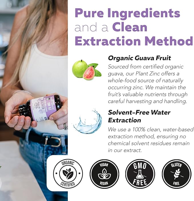 Organic Zinc 25 mg | Whole Food zinc Supplements | Derived from Organic Fruit Elemental Zinc - Water Extracted Vegan GMO-Free - Essential Mineral Antioxidant Immune Support Skin - 60 Servings
