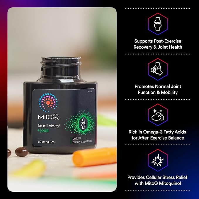 MitoQ +Joint Advanced CoQ10 Antioxidant Supplement - Contains Mitoquinol Mesylate &amp Green Lipped Mussel Omega Oil Extract - Supports Healthy Joint Mobility and Cell Vitality (60 Softgel Capsules)
