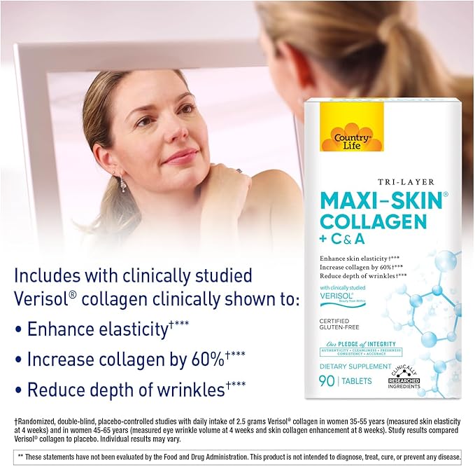 Country Life Verisol Collagen Peptides Tablets - Reduce Depth of W[KB2] rinkles &amp Enhance Skin Elasticity-90 Tablets-Includes Vitamin A&ampC - Collagen Powder for Women &amp Men - Boost Skin Col