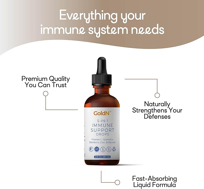GoldN™ 5-in-1 Immune Support Drops | Vitamin C Quercetin Elderberry Zinc Echinacea | No Artificial Ingredients | Non-GMO Gluten-Free | 2oz (60ml) | 1-Month Supply