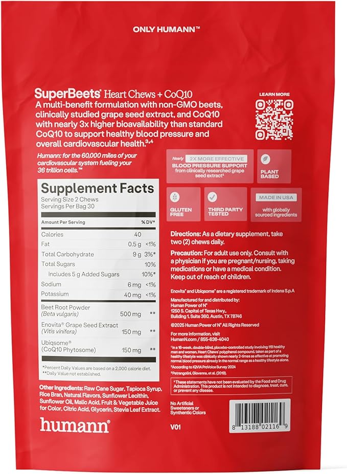 Humann SuperBeets Heart Chews + CoQ10-100mg of CoQ10 Plus Beetroot &amp Grape Seed Extract Blood Pressure Cellular Energy &amp Heart Health Support 120 Count