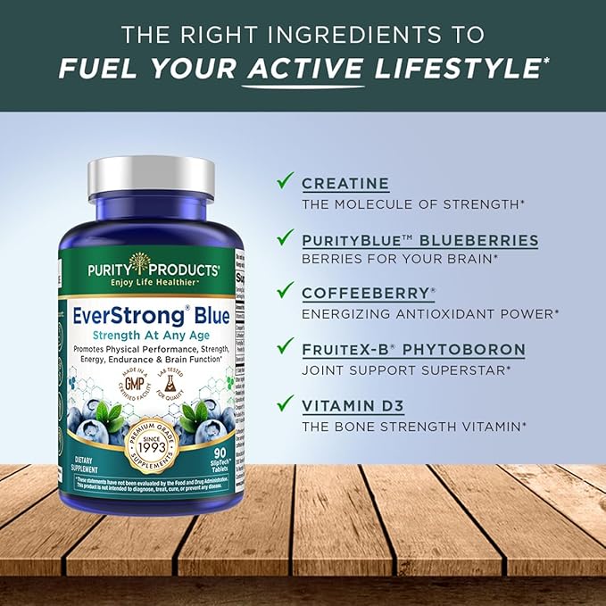 Purity Products EverStrong Blue Strength Building + Brain Boosting w/Muscle Matrix Blend ft. Creatine Monohydrate + More PurityBlue Organic Blueberry Complex 1000 IU Vitamin D3-90 Tablets