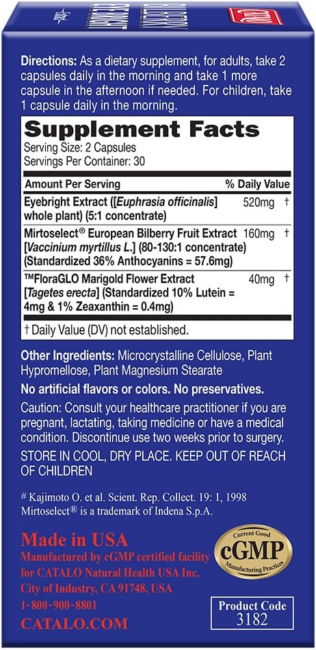 CATALO Bilberry Eyebright Extract with Lutein &amp Zeaxanthin Plant-Based Formula with European Bilberry Eyebright &amp Marigold Flower Extract - 60 Vegetarian Capsules