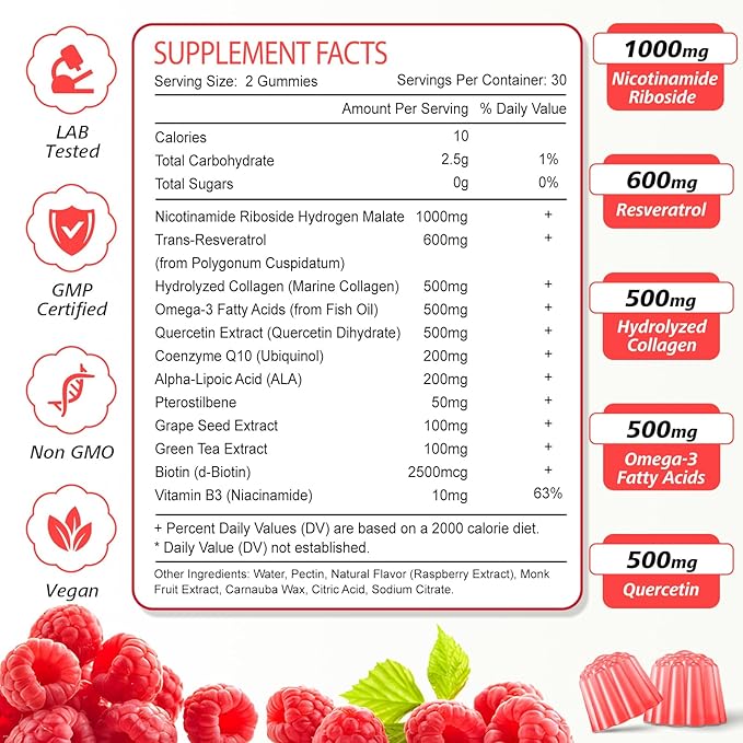 NAD Gummies 12-in-1 NAD Supplements for Women &amp Men NAD+ with Nicotinamide Riboside Resveratrol Quercetin for Anti-Aging Cell Regeneration DNA Repair Raspberry Flavor 120Ct