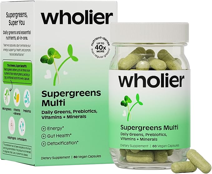 wholier Supergreens Multi Daily Greens Vegan Multivitamin for Women + Men Whole Food Vitamins + Minerals Prebiotics for Gut Health Adaptogens (60 Vegan Capsules) Glass Bottle