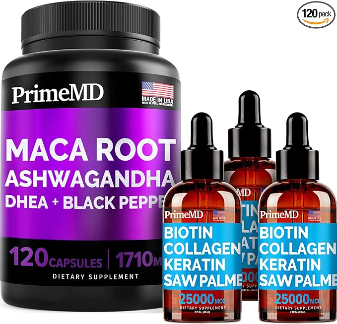 4-in-1 Liquid Biotin Collagen Keratin Saw Palmetto Drops (2 fl oz - 3 Pack) &amp 6-in-1 Maca Root Ashwagandha w Black Pepper Fruit (120ct) Bundle - Hair Skin Nails Energy &amp Mood Support Supple