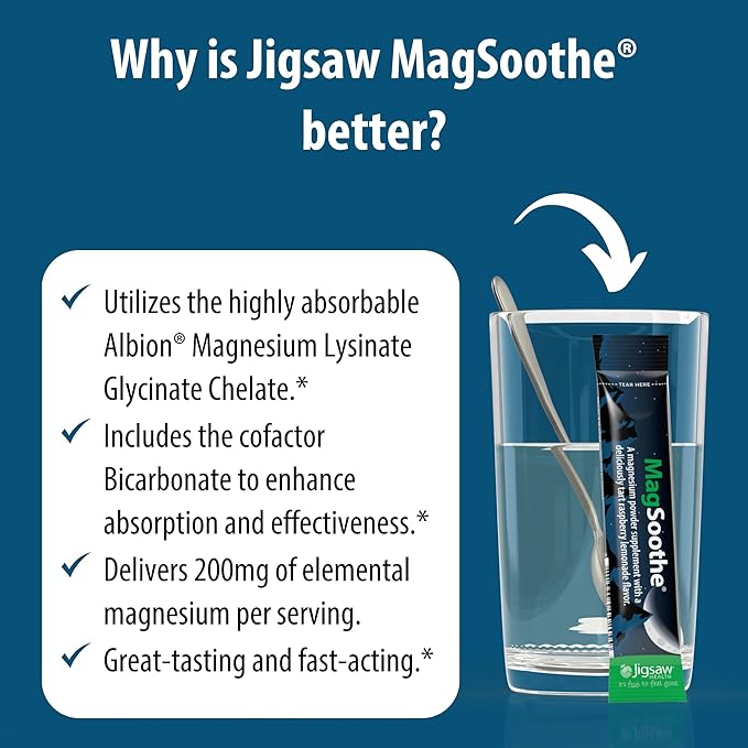 Jigsaw Health MagSoothe | Fast-Acting Calming Magnesium Glycinate Powder Supplement | Raspberry Lemonade Flavor | 60 Servings (Packets)