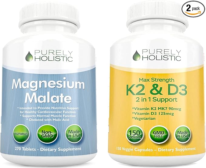 Purely Holistic Magnesium Malate 400mg + Vitamin D3 125mcg K2 MK7 90mcg - 270 Tablets &amp 150 Capsules - Vegetarian Bundle - Made in USA