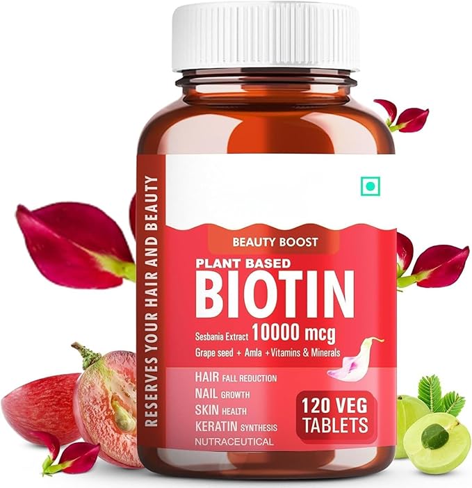 Plant Based Biotin Tablets -120 Veg Tablets Sesbania with Amla Grapeseed &amp Hair Multivitamins Biotin Helps Hair Growth Strong Hair Glowing Skin &amp Nails for Men Women