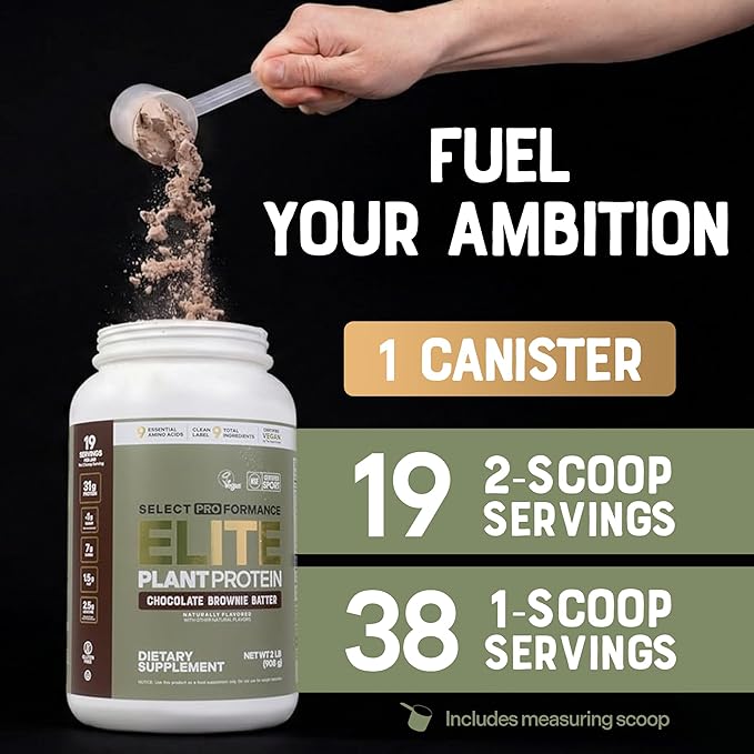 Select Proformance Elite Vegan Protein Powder - 16g of Protein per Scoop Plant Based Dairy Free Gluten Free Clean Ingredients - Chocolate Brownie Batter 2lb Tub (40 Servings)