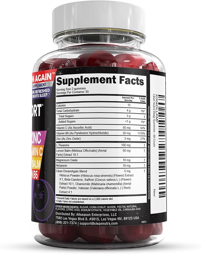 Clean Nutra Melatonin Gummies 10mg | Sleep Aid Valerian Root L-Theanine Vitamin B6 C Lemon Balm Magnesium Hibiscus Beta Carotene Saffron &amp Chamomile Rest Support Supplement Raspberry Flavor