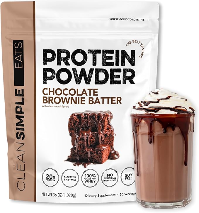 Clean Simple Eats Whey Protein Powder Chocolate Brownie Batter Flavor Naturally Sweetened 100% Grass Fed Protein Powder with Digestive Enzymes &amp No Artificial Ingredients Gluten Free 30 Servin