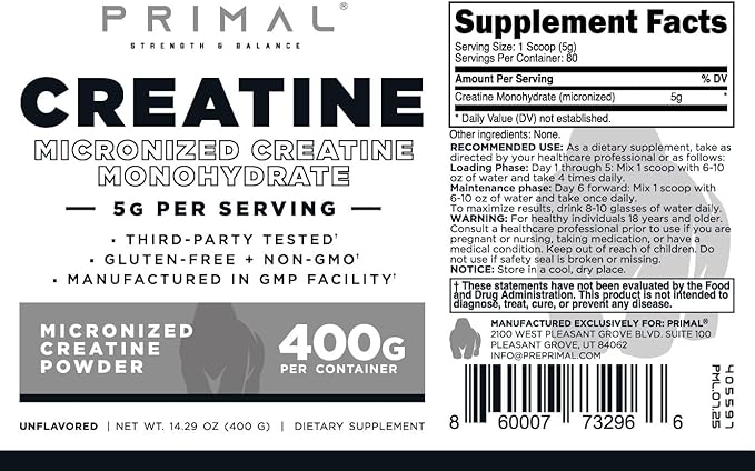 Primal Creatine Monohydrate Powder (400 Grams) | Unflavored Micronized Creatine Muscle Development Supplement for Pre-Workout &amp Recovery | 5g Creatine Monohydrate per Serving