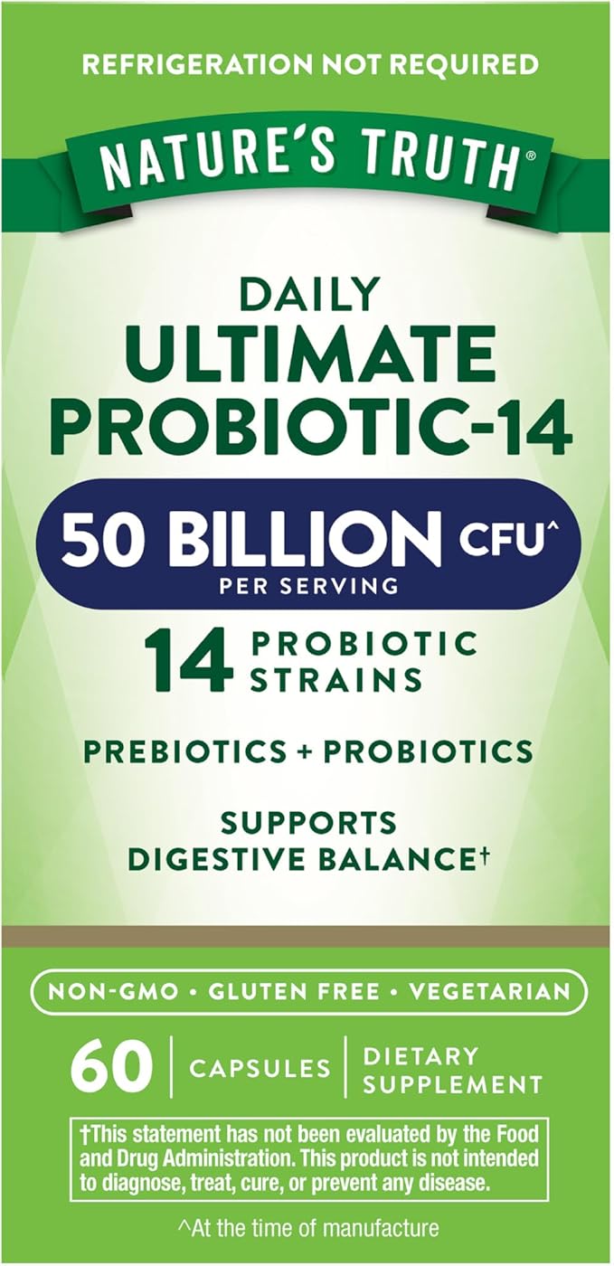 Nature's Truth Probiotic for Women and Men | 50 Billion CFU | 14 Probiotic Strains | 60 Capsules | Stomach Friendly | 200mg Prebiotics | Vegetarian Non-GMO &amp Gluten Free Supplement