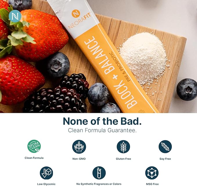 NeoraFit - Block+Balance Pre and Probiotic Powder - Daily Use Craving Support Vitamin C &amp B Blend Convenient Stick Packs - 30 Count