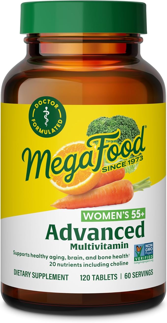 MegaFood Advanced Multivitamin for Women 55+ Womens Multivitamin Methylated B12 Methyl folate Choline Vitamin D3 Biotin Healthy Aging Brain &amp Bone Health Vegetarian 120 Tablets (60 Servi