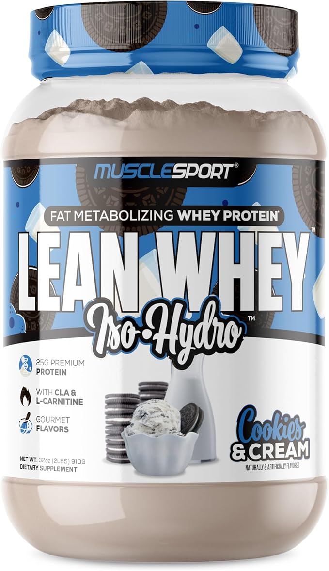 MuscleSport Lean Whey Revolution™ Whey Protein Isolate with Hydrolyzed Whey - Low Calorie Low Carb Low Fat Incredible Flavors - 25g protein per scoop (2lb Cookies N Cream)