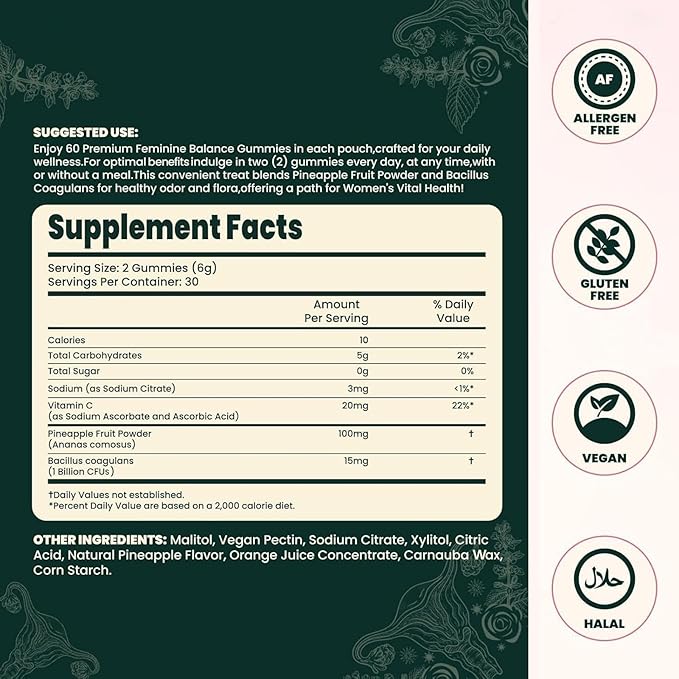 Vital Source Feminine Balance Gummies Gluten-Free Vegan Hawaiian Pineapple Flavor(1 Pack 60 Count)