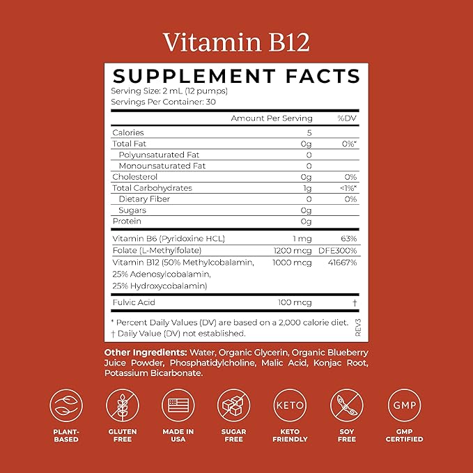 CYMBIOTIKA Liposomal Vitamin B12 Liquid Supplement 1250 mcg Supports Energy Cell Production Helps Strengthen Hair Skin &amp Nails Non-GMO Gluten Free Sugar Free Keto &amp Vegan Friendly 2