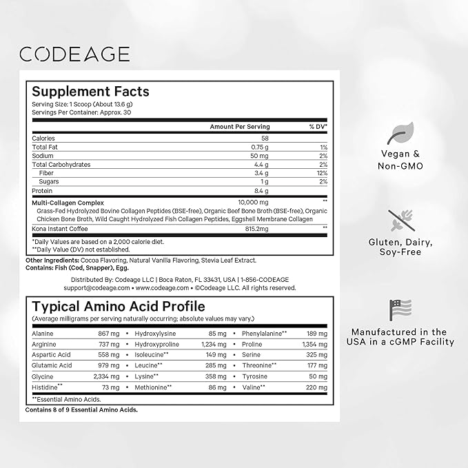 Codeage Multi Collagen Peptides Protein Powder - Chocolate Mocha Instant Coffee - Gourmet Knoa Coffee Drink &amp Shake - Collagen Type I II III V &amp X - Grass-Fed Hydrolyzed Non-GMO - 14.39oz