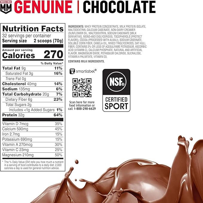 Muscle Milk Genuine Protein Powder Chocolate 4.94 Pound 32 Servings 32g Protein 2g Sugar Calcium Vitamins A C &amp D NSF Certified for Sport Energizing Snack Packaging May Vary