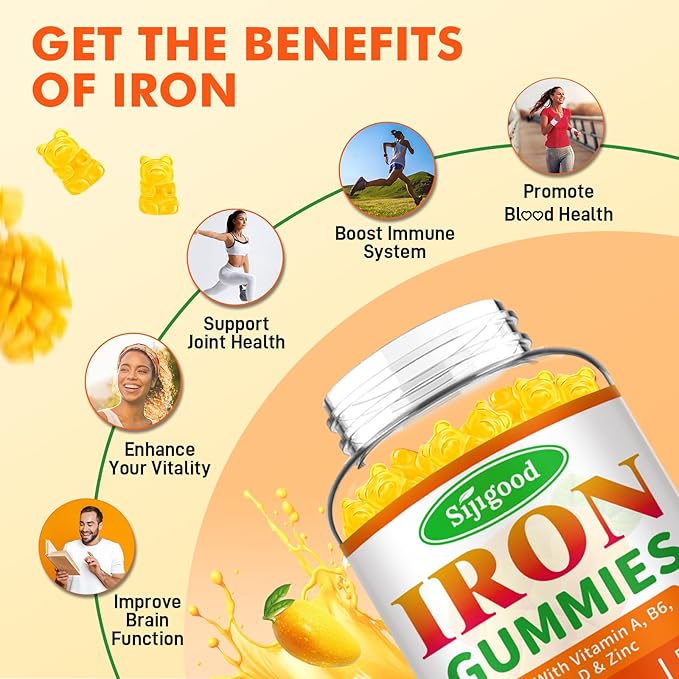 2 Pack Iron Gummies for Women &amp Men - Vegan Iron Supplement for Anemia &amp Iron Deficiency with Vitamin B12 Vitamin C Zinc Folate - Energy Boost Sugar-Free Mango Flavor 120 Count