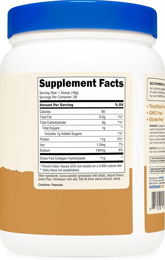 Nutricost Collagen Peptides Powder (Chocolate Peanut Butter Flavored) 1 LB - Grass-Fed Collagen Hydrolysate Gluten-Free