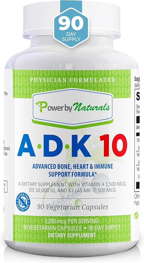 Power By Naturals ADK Vitamin Supplement – ADK 10 High Potency with Vitamins A D3 10000 IU &amp K2 MK7 for Superior Heart Immune &amp Bone Health Support – 90 Capsules 1 Pack (3-Month Supply)