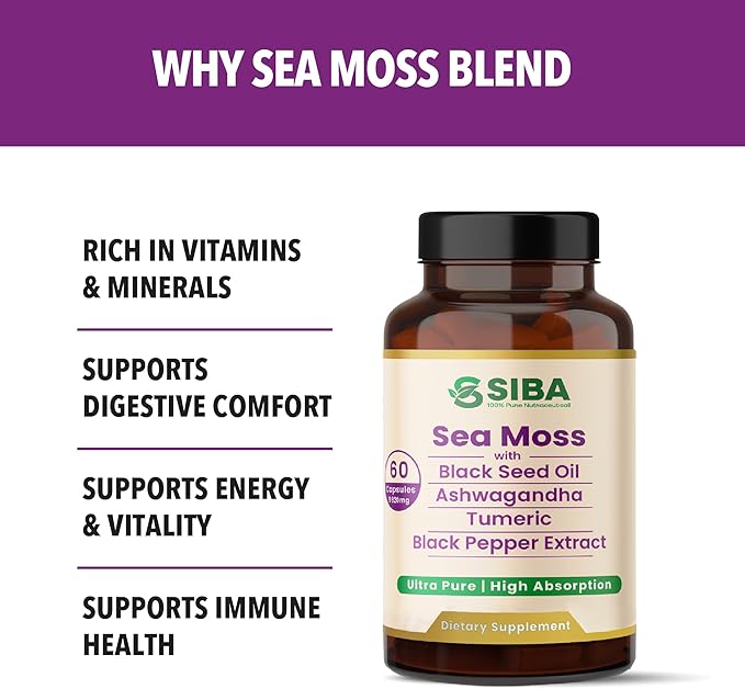 SIBA Ultra Pure Sea Moss Blend – Vegan Capsules with Sea Moss Black Seed Oil Ashwagandha Turmeric &amp Black Pepper – Supports Overall Wellness – 60 Count