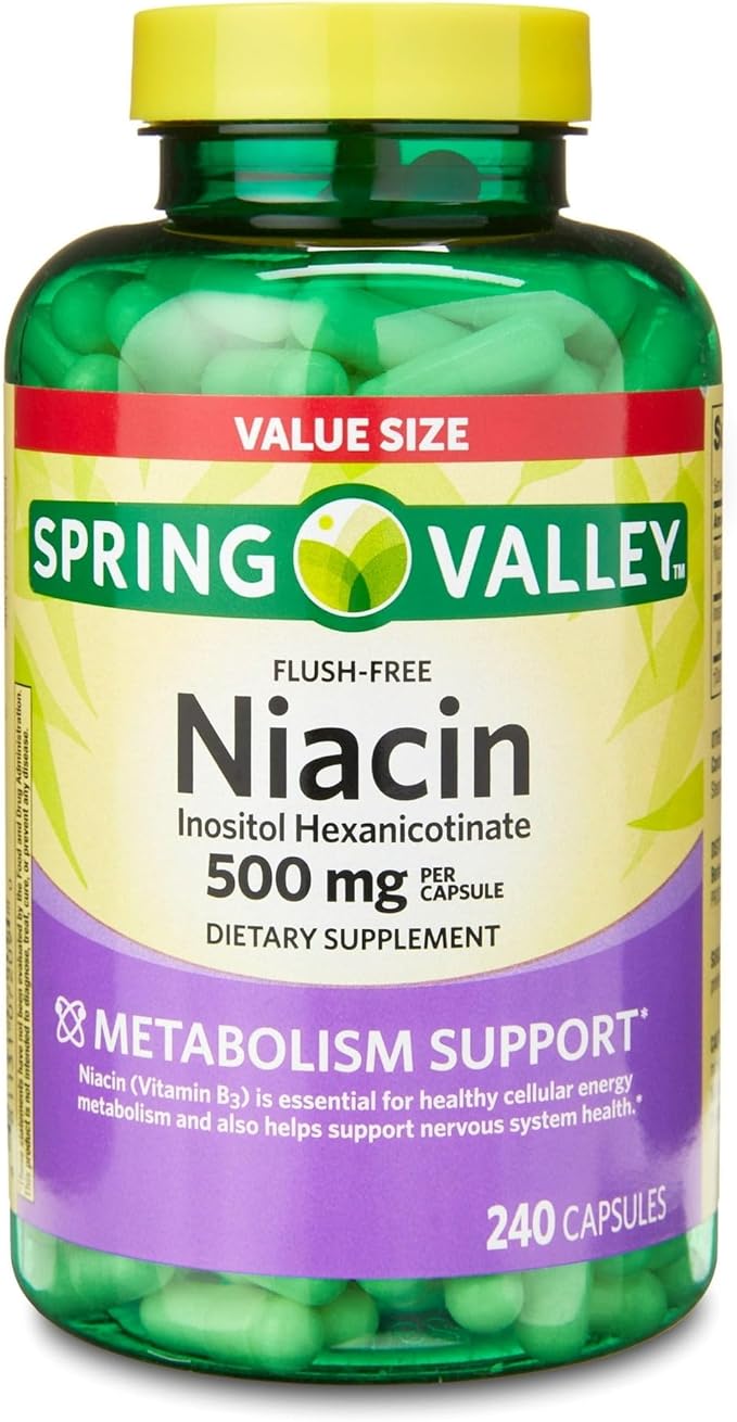 Spring Valley Vitamin B3 Niacin 500mg Flush Free Capsules Dietary Supplement 240 Pills (Pack of 1) - Set by Basket Goods