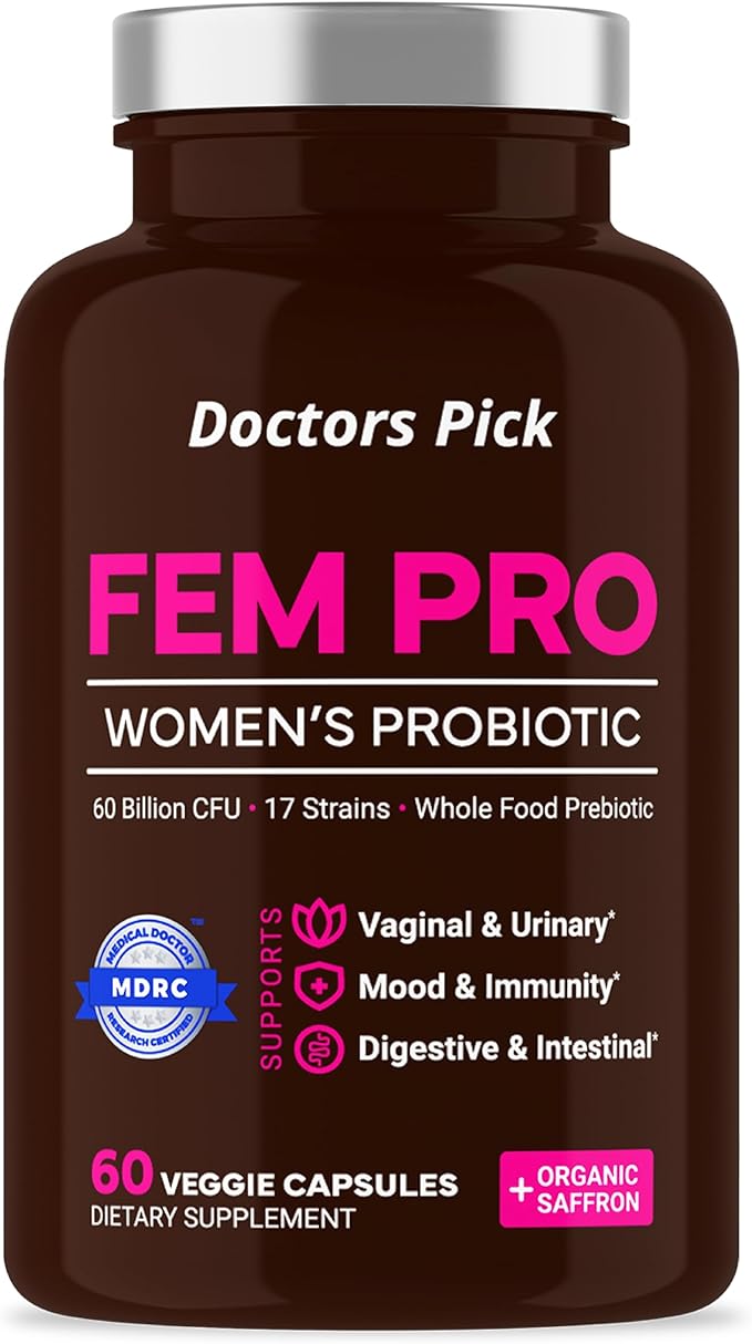 Fem Pro Probiotics for Women. 17 Clinically Effective Strains for Vaginal Digestive &amp Immune Support Urinary Tract Health pH Balance and Mood. 60 Veggie Capsules 2 Month Supply