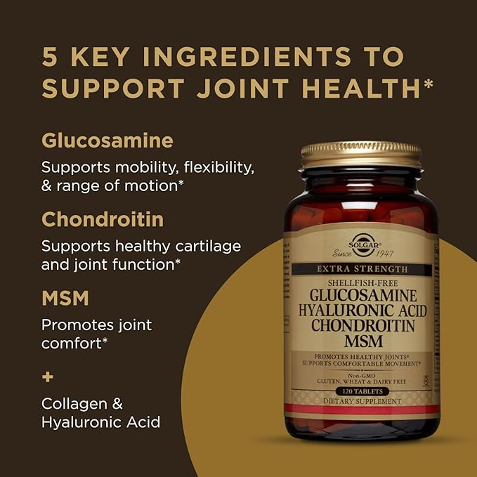 Solgar Glucosamine Hyaluronic Acid Chondroitin MSM 120 Tablets - Supports Healthy Joints - Supports Range of Motion &amp Flexibility - Extra Strength Shellfish Free - Non-GMO Gluten Free - 40 Serv