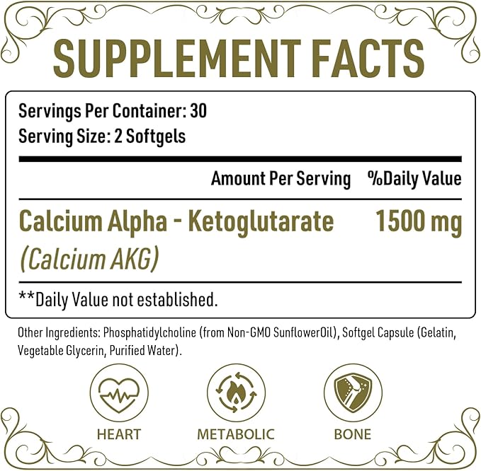 Liposomal Calcium AKG Supplement 1500 MG (Alpha-Ketoglutaric Acid) More Effective Than AAKG Ca AKG for Longevity Age Defense Cellular Energy Metabolic Function 60 Softgels