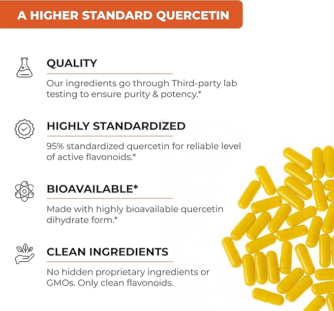 Quercetin 500mg Vegetarian Capsules 240 Count | 1000mg Per Serving of 2 Capsules | Immune Support Supplements For Respiratory Cellular Health &amp Seasonal Allergies | Quercitin for Men &amp Women