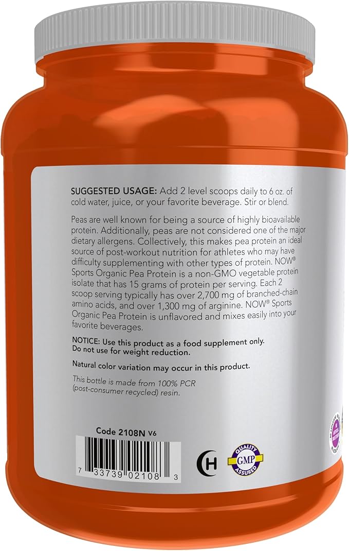 NOW Foods Sports Nutrition Certified Organic Pea Protein 15 Grams Unflavored Powder 1.5-Pound