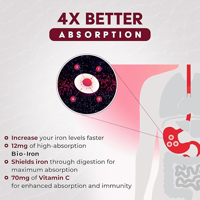 Bio Iron Capsules - Supplement for Energy Immune Support &amp Healthy Red Blood Cell Production – Gentle on Stomach – 60 Capsules