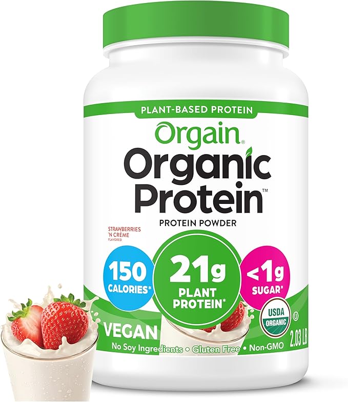 Orgain Organic Vegan Protein Powder Strawberries &amp Cream - 21g Plant Based Protein 4g Prebiotic Fiber Low Net Carb No Lactose Ingredients No Added Sugar Non-GMO For Shakes &amp Smoothies